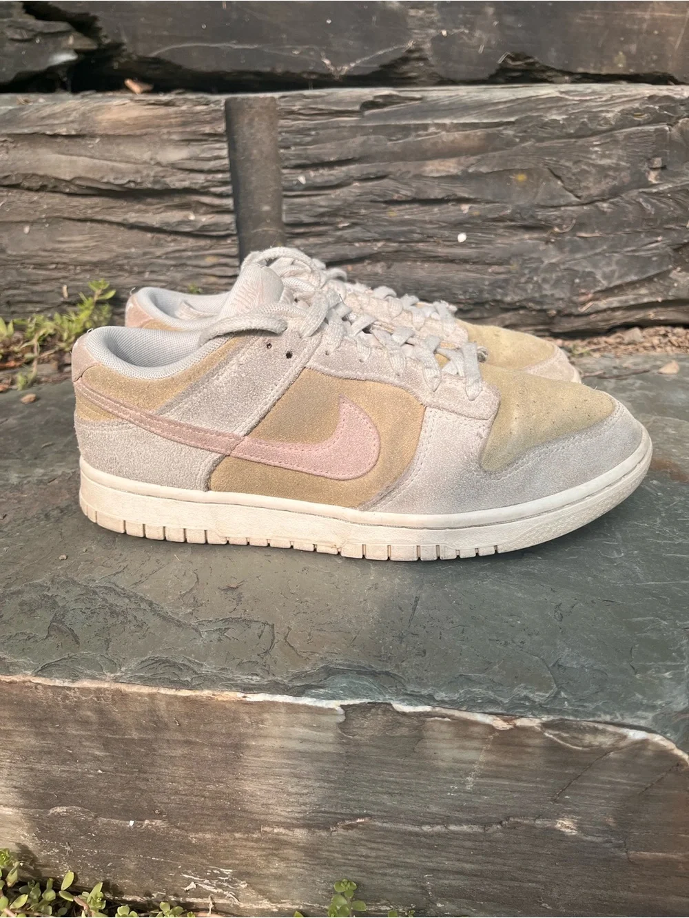 Nike Dunk Low-Suede Sneakers in Beige and Pink